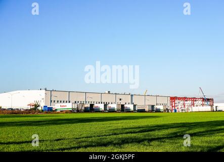 GADKI, POLONIA - 18 ottobre 2016: Un campo agricolo verde e un edificio industriale Raben in lontananza a Gadki, Polonia Foto Stock