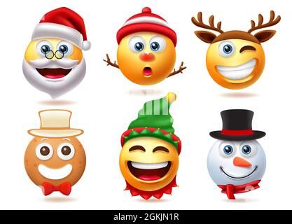 Set vettore di personaggi Emoji di Natale. Personaggi natalizi sorridenti in simpatica espressione facciale per il design della collezione natalizia. Illustrazione vettoriale. Illustrazione Vettoriale