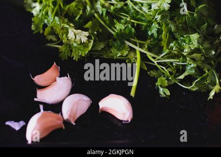 Aglio e coriandolo su un tavolo all'interno di una cucina residenziale. L'aglio e il coriandolo sono piante commestibili ampiamente usate come spezia e per scopi medicinali. Foto Stock