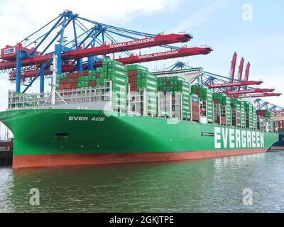 Evergreen - la più grande nave container del mondo nel porto di Amburgo Foto Stock