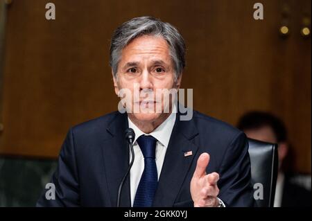 Washington, Stati Uniti. 14 settembre 2021. Il Segretario di Stato degli Stati Uniti Antony Blinken parla ad un'audizione del Comitato per le Relazioni esterne del Senato. Credit: SOPA Images Limited/Alamy Live News Foto Stock