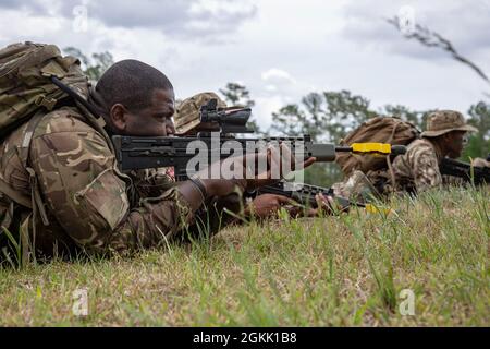 I soldati con il reggimento reale delle Bermuda simulano una manovra sotto fuoco alla gamma di fuoco vivo F-5 sul campo base del corpo Marino Lejeune, North Carolina, 10 maggio 2021. MCB Camp Lejeune ha ospitato il Royal Bermuda Regiment durante l'esercizio Island Warrior. L'esercizio ha rafforzato il partenariato tra le due forze e la formazione e le risorse fornite dalla base ha migliorato le capacità di combattimento e la prontezza del reggimento reale delle Bermuda. Foto Stock