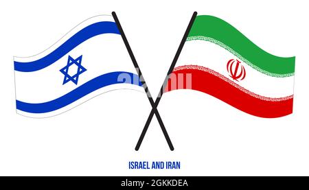 Israele e Iran Bandiere incrociate e ondeggianti stile piatto. Proporzione ufficiale. Colori corretti. Illustrazione Vettoriale