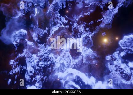 illustrazione 3d del cielo cosmico viola realistico con le stelle. Un mare infuriante con schiuma e onde enormi che riflettono il bellissimo cielo notturno. Astratto colorato Foto Stock