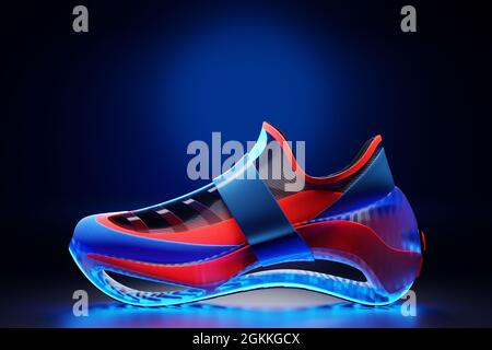 nuove sneakers sportive 3d con illustrazione blu e rosso su un'enorme suola in schiuma sotto il colore neon , sneakers in uno stile brutto.sneakers ashionable. Foto Stock