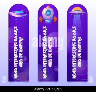 Segnalibri spaziali con navicelle spaziali sullo sfondo del cosmo. Banner verticali vettoriali con cartoni animati raffiguranti il cielo scuro con stelle, pianeti alieni, razzo e dischi volanti ufo Illustrazione Vettoriale