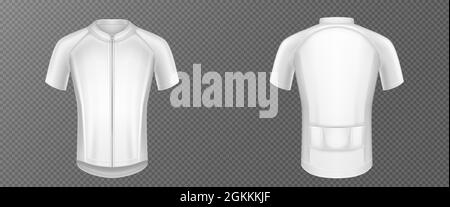 Maglia da ciclismo, t-shirt vettoriale per bici bianca, abbigliamento sportivo vista anteriore e posteriore. Abbigliamento sportivo, camicia con modello a maniche corte isolato su sfondo trasparente, illustrazione 3d realistica Illustrazione Vettoriale