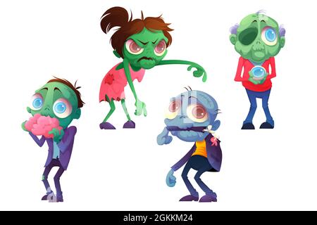 Personaggi halloween zombie di cartone animato, divertenti mascotte horror mangiare cervello, tenere la palla occhio, masticare braccio e camminare con le mani sollevate. Mostri morti creepy, uomini o donne personages, illustrazione vettoriale Illustrazione Vettoriale