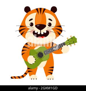 Carino cartoon sorridente tigre suona la chitarra. Simbolo del 2022, anno della tigre. Illustrazione vettoriale isolata su sfondo bianco Illustrazione Vettoriale