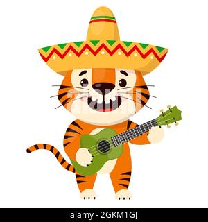 Carino cartoon sorridente tigre in un sombrero suona la chitarra. Simbolo del 2022, anno della tigre. Illustrazione vettoriale isolata su sfondo bianco. Illustrazione Vettoriale