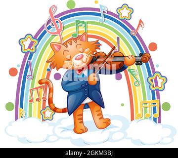 Gatto che suona il violino con i simboli della melodia sull'illustrazione dell'arcobaleno Illustrazione Vettoriale