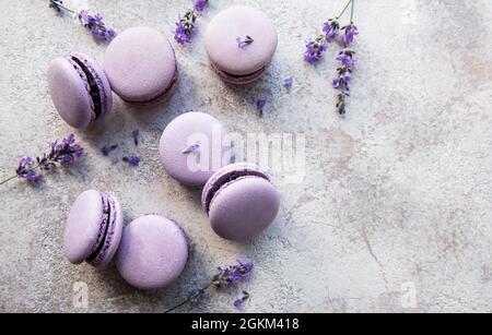 Macaron francesi con sapore di lavanda e fiori freschi di lavanda Foto Stock