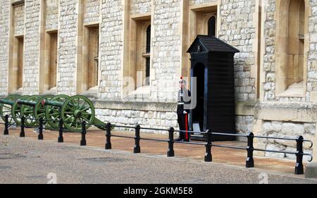 Guardia del palazzo all'ingresso della volta dei gioielli reali nella Torre di Londra. Foto Stock