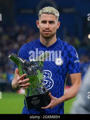 Londra, Regno Unito. 14 settembre 2021. Jorginho di Chelsea ha vinto il premio UEFA Players of the Year 2020/21 durante la partita del gruppo UEFA Champions League tra Chelsea e Zenit St. Petersburg a Stamford Bridge, Londra, Inghilterra, il 14 settembre 2021. Foto di Andy Rowland. Credit: Prime Media Images/Alamy Live News Foto Stock