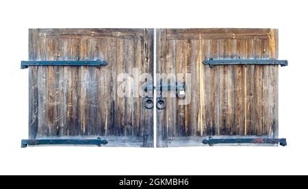 Legno vecchio cancello bloccato isolato su sfondo bianco Foto Stock