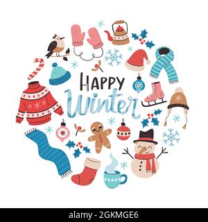 Carta invernale disegnata a mano con elementi invernali. Abbigliamento invernale, pupazzo di neve, uccelli, foglie e decorazioni natalizie. Illustrazione vettoriale colorata con isolat Illustrazione Vettoriale