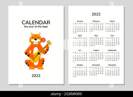 Calendario per il 2022 con una tigre carina. La settimana inizia la domenica. Simbolo di Capodanno cinese. Cartoon vettore isolato illustrazione della tigre che riproduce il Illustrazione Vettoriale