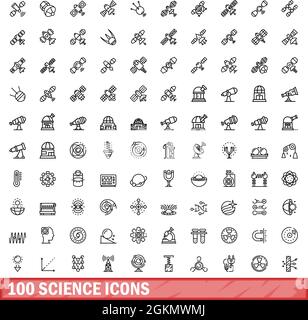 set di 100 icone scientifiche. Illustrazione di un vettore di 100 icone scientifiche isolato su sfondo bianco Illustrazione Vettoriale