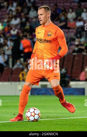 SPAGNA, CALCIO, CHAMPIONS LEAGUE, FC BARCELONA VS FC BAYERN MONACO. FC Barcelona (1) Ter Stegen durante la partita di fase del gruppo Champions League tra il FC Barcelona e il FC Bayern Monaco a Camp Nou, Barcellona, Spagna, il 14 settembre 2021. © Joan Gosa 2021 Foto Stock