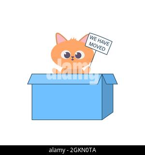 Personaggio cartoon arancione gatto in scatola con un cartello. Ci siamo mossi Illustrazione Vettoriale