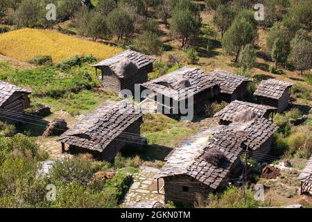 Manali Village e paesaggio della zona, Valle di Kullu Himachal Pradesh, India Foto Stock