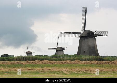 I tre mulini a vento di Schermerhorn, Noord Holland, Paesi Bassi Foto Stock