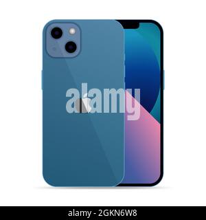 Vinnytsia, Ucraina - 15 settembre 2021. Nuovo Apple iPhone 13 colore blu. Modello per smartphone. Illustrazione di app, web, presentazione, design. Illustrazione Vettoriale