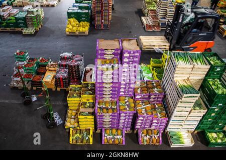 Brema, Germania. 15 settembre 2021. Scatole di frutta e verdura si trovano in una sala del mercato all'ingrosso. Il mercato all'ingrosso della Überseestadt di Brema ha 60 anni. Credit: Sina Schuldt/dpa/Alamy Live News Foto Stock