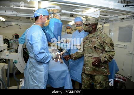 Il Gen. R. Scott Dingle, il chirurgo generale dell'esercito e il comandante generale del comando medico dell'esercito degli Stati Uniti, parla ad un membro del team medico in una struttura di cura di ruolo 3 durante l'esercizio 21 dell'ospedale a Baumholder, Germania 3 giugno 2021. La 30a Brigata Medica ha schierato oltre 400 soldati a sostegno dell'esercizio ospedaliero 21 che ha servito a certificare il 519esimo centro ospedaliero come una NATO ruolo 2 maggiore capacità. Il 30esimo MED BDE ha trattato oltre 100 pazienti simulati dal punto di lesione all'evacuazione medica fino all'echelon più alto di cura. L'esercizio ha anche migliorato comune, Combine e multi echelon in Foto Stock