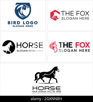 PET shop veterinario cavallo volpe animale e logo di uccello design Illustrazione Vettoriale