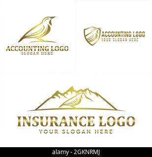 Lusso contabilità scudo finanziario uccello montagna logo design Illustrazione Vettoriale