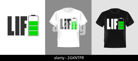 Icona della batteria a energia per t-shirt, illustrazione vettoriale. Adatto per le aziende di stampa di abbigliamento. Elegante t-shirt e design di abbigliamento. Vita letteri Illustrazione Vettoriale