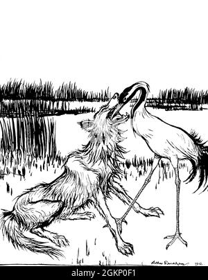 The Wolf and the Crane dal libro " Aesop's Fables " pubblicato nel 1912 a Londra da Heinemann e a New York da Page Doubleday illustrato da Arthur Rackham, Foto Stock