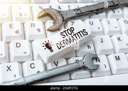 Segno di testo che mostra Stop dermatite. Vetrina aziendale mettere fine all'irritazione causata dal toccare qualcosa Internet Browsing e Online Research Study Foto Stock