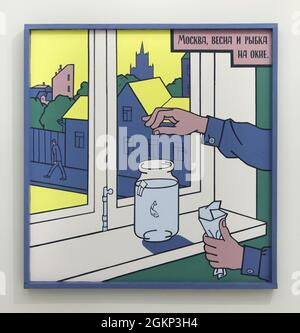 Dipinto 'Moscow, Spring and a Little Fish by a Window' dell'artista concettuale russo Viktor Pivovarov (1996) della serie 'Apartment No. 22' (1992-1996) in mostra alla sua mostra a Praga, Repubblica Ceca. La mostra si svolge nella Galleria Nazionale (Národní galerie) nel Veletržní palác (Palazzo della Fiera) fino al 21 novembre 2021. Foto Stock