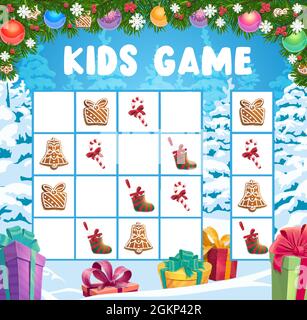I bambini crocevia di Natale, gioco logico. Attività di gioco per le vacanze dei bambini, modello di pagina del libro dei giochi per bambini. Albero di Natale, biscotti di pan di zenzero e calza, canna di caramella, vettore di cartone animato di regali di festa Illustrazione Vettoriale