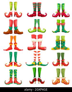 Set vettoriale cartoon Elf, leprechaun e Babbo Natale piedi. Gambe e scarpe di gnome di Natale, fata e nana, personaggi fata con divertenti calze colorate, calze e stivali, campane e archi Illustrazione Vettoriale