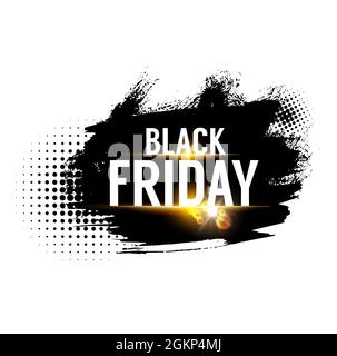 Banner di vendita Black Friday, offerta weekend shop e etichetta promozionale, promozione di sconto Vector Store. Offerte di vendita e liquidazione del Black Friday, sconto speciale limitato per lo shopping su pennelli halftone neri Illustrazione Vettoriale