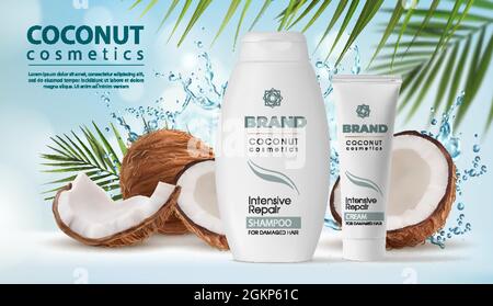 Cosmetici al cocco, shampoo e crema in acqua splash. Vettore frutti di palma di cocco, guscio di noci e foglie verdi. Flacone 3d realistico e tubo di prodotti naturali per la cura dei capelli, poster pubblicitario Illustrazione Vettoriale