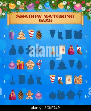 I bambini gioco ombra corrispondenza con dolci e decorazione di natale. Attività logica dei bambini, scuola prescolare o scuola materna con oggetti di Natale. Foglio di lavoro Cartoon, indovinello per lo sviluppo logico della mente Illustrazione Vettoriale