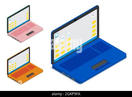 Laptop portatile isometrico aperto con desktop. Tecnologia moderna. Dispositivi portatili moderni. vettore 3d su sfondo blu Illustrazione Vettoriale