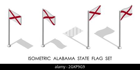 Bandiera isometrica dello stato americano DELL'ALABAMA in posizione statica e in movimento sul flagpole. vettore 3d Illustrazione Vettoriale