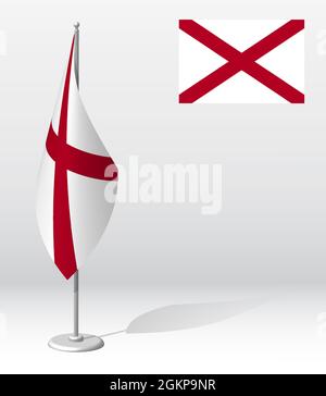 Bandiera dello stato americano DELL'ALABAMA in flagpole per la registrazione di un evento solenne. Giorno dello stato DELL'ALABAMA. Vettore 3D realistico su bianco Illustrazione Vettoriale
