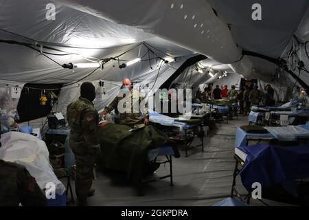 Boss Lift datori di lavoro e datore di lavoro supporto della Guardia e rappresentanti di riserva visitare l'esercizio medico sul campo che è gestito dai soldati del 807th Medical Command come parte di un esercizio di addestramento di supporto di combattimento a Fort Hunter Liggett, Calif., 12 giugno 2021. Foto Stock