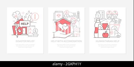 Aiuto e supporto - tre banner in linee di design stile su sfondo bianco e spazio di copia per il testo. Soccorso in caso di calamità, alloggio, manutenzione umanitaria Illustrazione Vettoriale