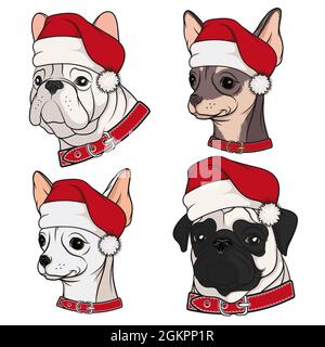 Set di illustrazioni con cani carini in cappelli di Natale. Oggetti colorati vettoriali isolati su sfondo bianco. Illustrazione Vettoriale