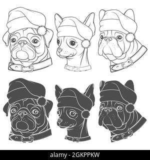 Set di illustrazioni in bianco e nero di cani carini in cappelli di Natale. Oggetti vettoriali isolati su sfondo bianco. Illustrazione Vettoriale