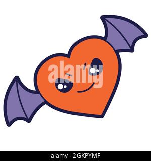 Illustrazione del cuore del pipistrello in stile cartone animato. Felice Halloween personaggio arrabbiato. Illustrazione Vettoriale
