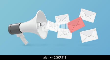 Illustrazione vettoriale delle buste megaphone e lettera. Corno 3d realistico, messaggi volanti sui social media, e-mail o newsletter per i clienti, megap Illustrazione Vettoriale