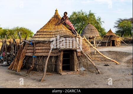 Donna che ripara un tetto di una capanna tradizionale della tribù Toposa, Equatoria Orientale, Sudan del Sud, Africa Foto Stock